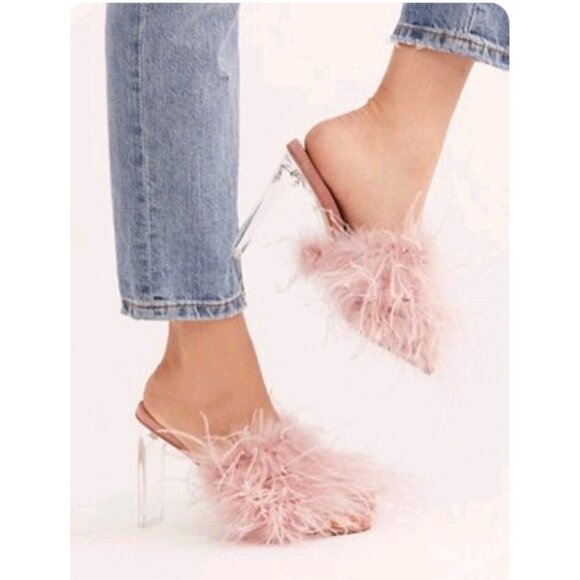 FREE PEOPLE X JEFFREY CAMPBELL Sz 7 DAISY FEATHER BOA HEELS PINK - Picture 1 of 13